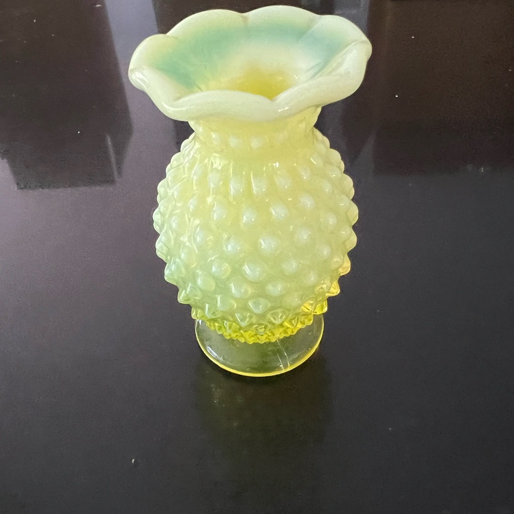 2 Yellow and Green Hobnail Glass Vases-May be Fenton
